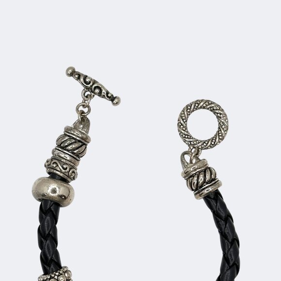 Vintage Black Braided Leather Bracelet with Silver-Tone Beads & Toggle Clasp - Picture 6 of 9